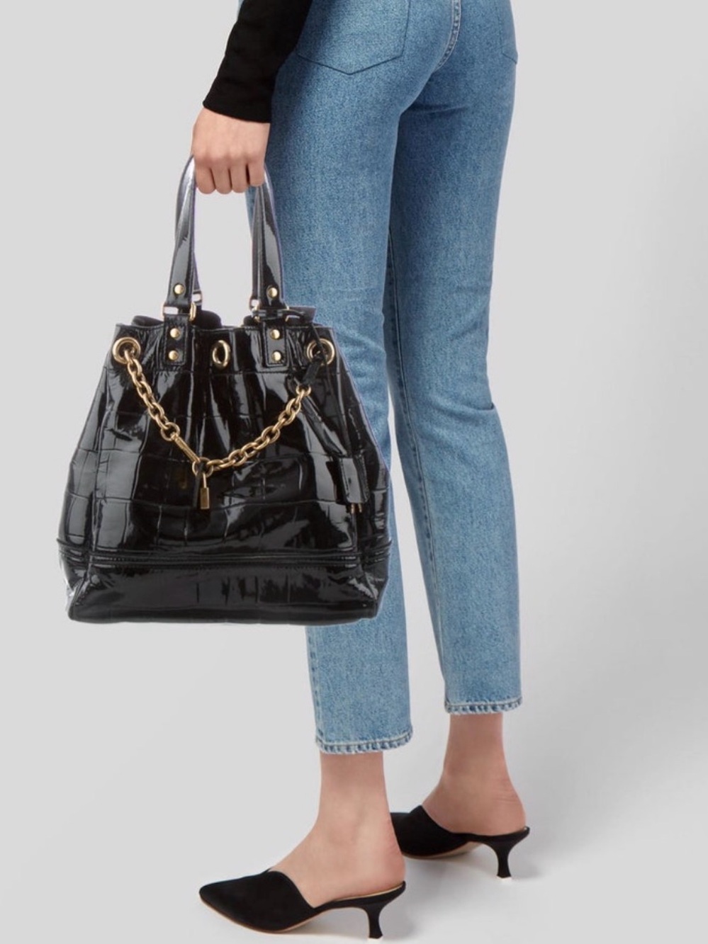 Yves Saint Laurent Black Croc Embossed Patent Leather Overseas Tote Bag - Picture 11 of 11